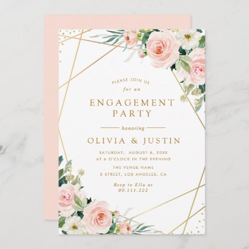 geometric gold pink blush floral engagement party invitation