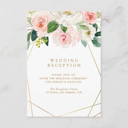 geometric gold pink blush floral wedding reception enclosure card