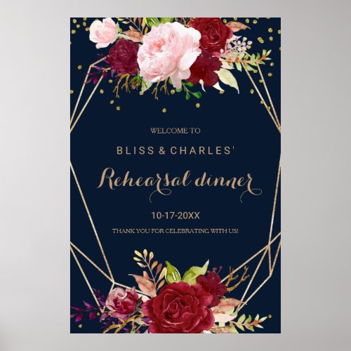 Geometric Gold Red Blue Rehearsal dinner Welcome Poster