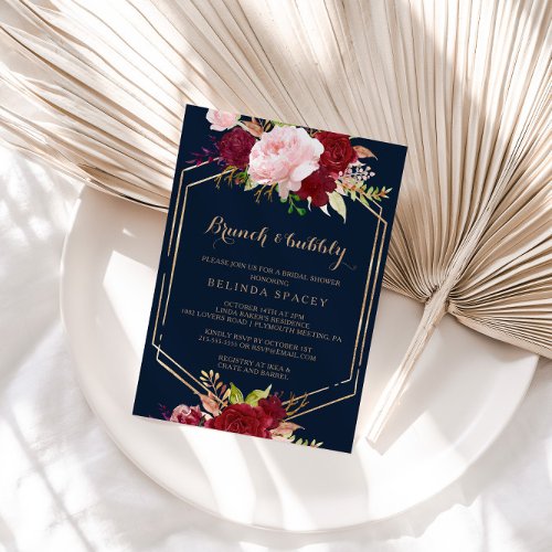 Geometric Gold Red Brunch  Bubbly Bridal Shower Invitation