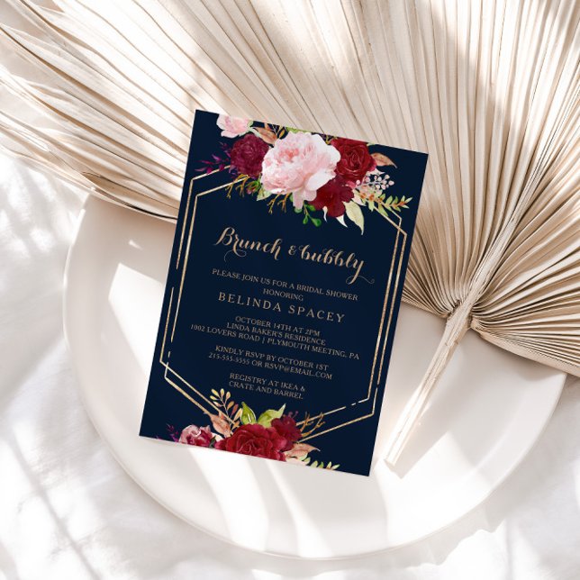 Geometric Gold Red Brunch & Bubbly Bridal Shower Invitation (Creator Uploaded)