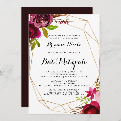 Geometric Gold Rustic Blush Burgundy Bat Mitzvah Invitation