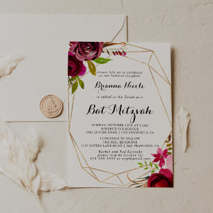 Geometric Gold Rustic Blush Burgundy Bat Mitzvah Invitation