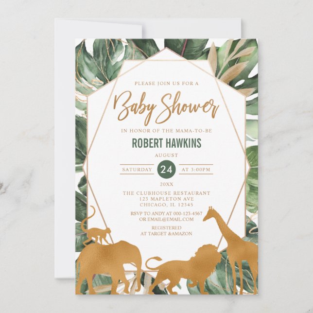 Geometric Gold Safari Animals Jungle Baby Shower Invitation (Front)