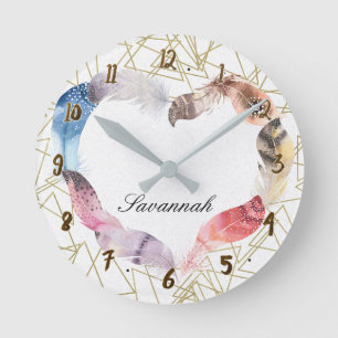 Geometric Gold Shape & Boho Feather Heart Custom Round Clock