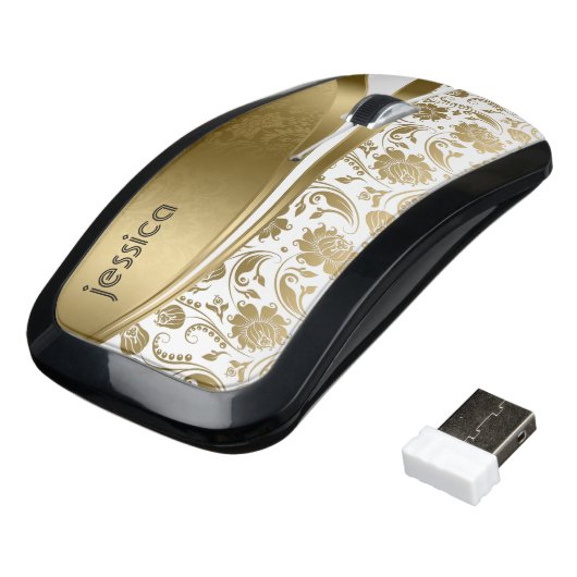 Geometric Gold Shape With Floral Damasks On White Wireless Mouse (Angled)