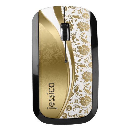 Geometric Gold Shape With Floral Damasks On White Wireless Mouse (Front)