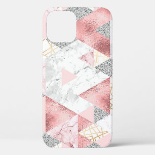 Geometric gold silver triangles, marble pattern. iPhone 12 case