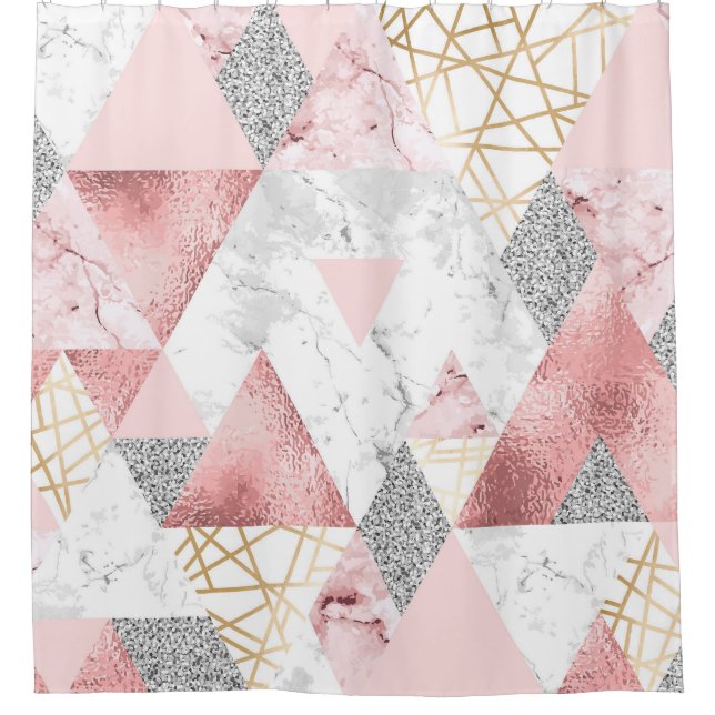 Geometric gold silver triangles, marble pattern. shower curtain (Front)