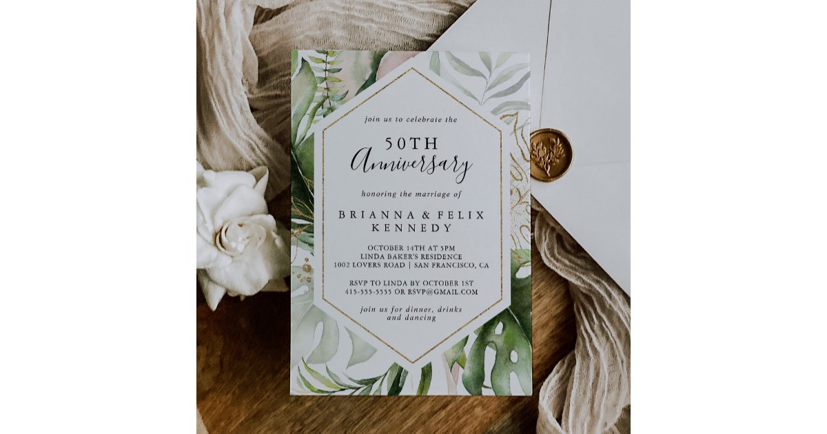 Geometric Gold Tropical 50th Wedding Anniversary Invitation | Zazzle