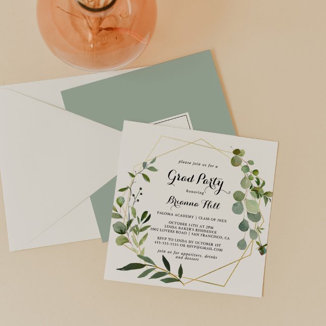 Geometric Gold Tropical Calligraphy Grad Party Invitation (Creator Uploaded)