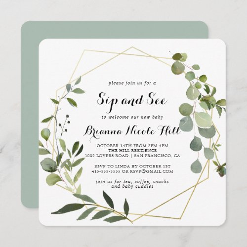 Geometric Gold Tropical Calligraphy Sip and See Invitation