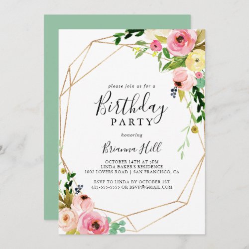 Geometric Gold Tropical Fall Floral Birthday Party Invitation