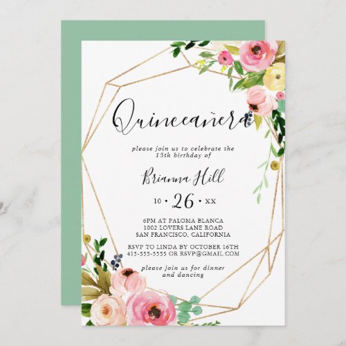 Geometric Gold Tropical Fall Floral Quinceaera Invitation