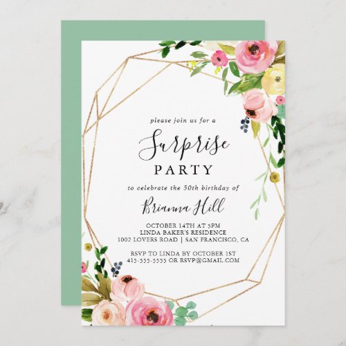 Geometric Gold Tropical Fall Floral Surprise Party Invitation