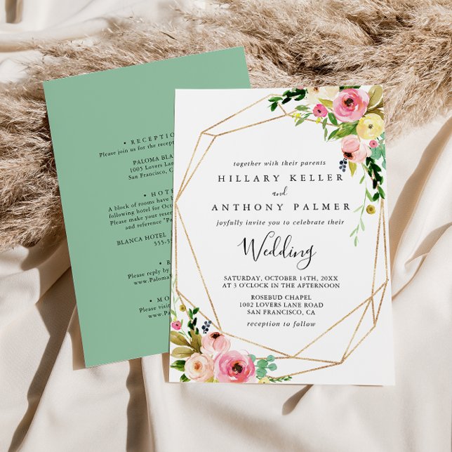 Geometric Gold Tropical Fall Front & Back Wedding Invitation (Creator Uploaded)