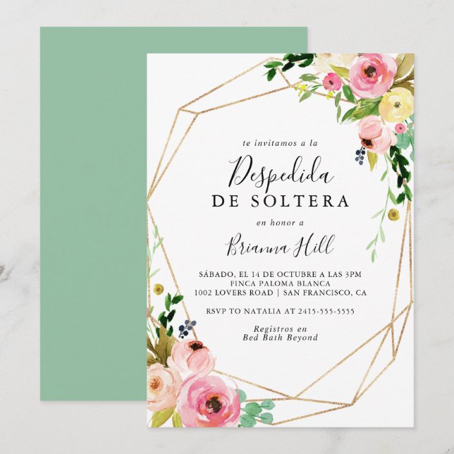 Geometric Gold Tropical Fall Spanish Bridal Shower Invitation (Front/Back)