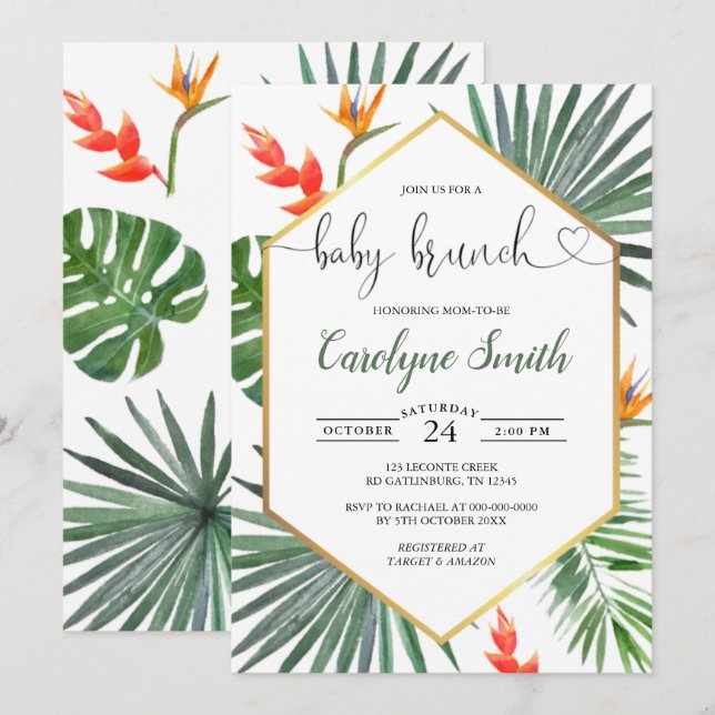 Geometric Gold Tropical Gender Neutral Baby Brunch Invitation (Front/Back)