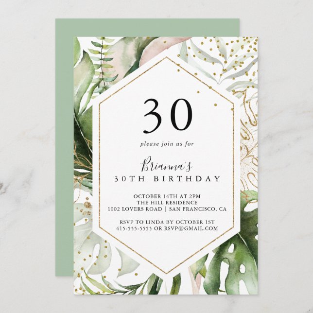 Geometric Gold Tropical Green 30th Birthday Party Invitation (Front/Back)