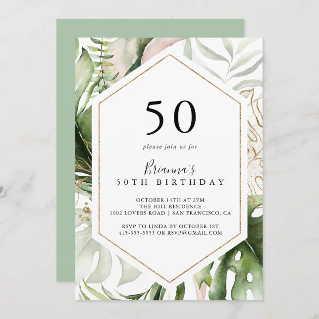 Geometric Gold Tropical Green 50th Birthday Party Invitation | Zazzle