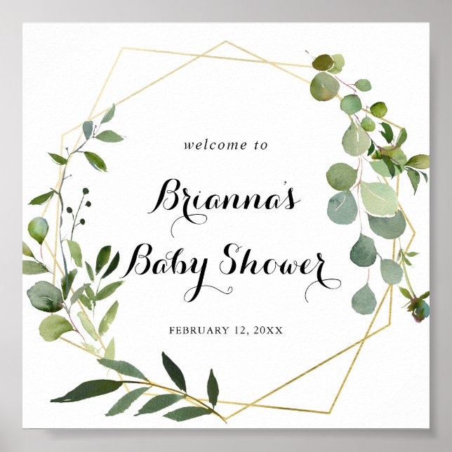 Geometric Gold Tropical Green Baby Shower Welcome Poster (Front)