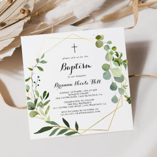 Geometric Gold Tropical Green Calligraphy Baptism Invitation