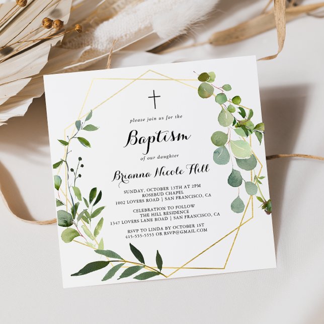 Geometric Gold Tropical Green Calligraphy Baptism Invitation (Creator Uploaded)