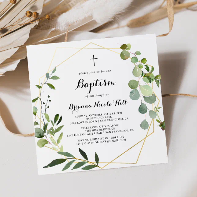 Geometric Gold Tropical Green Calligraphy Baptism Invitation | Zazzle