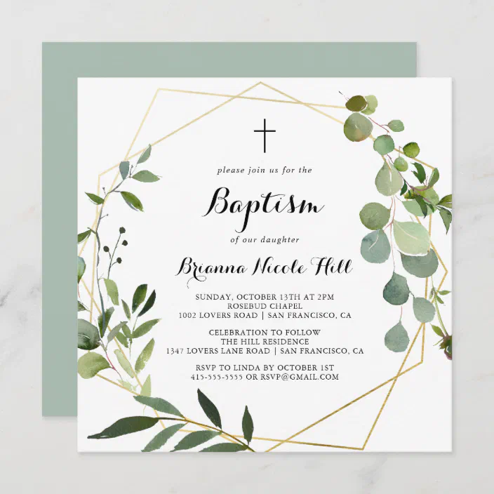 Religious Invites Printed OR Printable Greenery Invitations Gold Geometric Invite Baptism Invitation