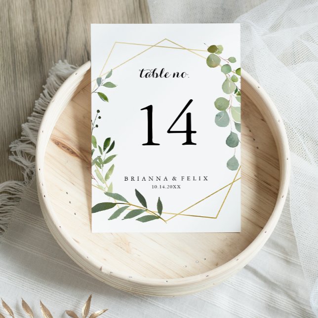 Geometric Gold Tropical Green Calligraphy Wedding Table Number (Creator Uploaded)