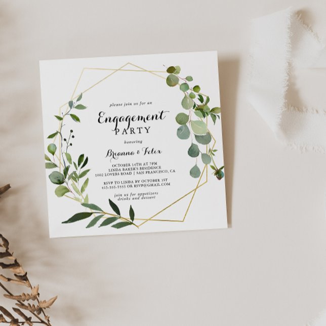 Geometric Gold Tropical Green Engagement Party Invitation (Creator Uploaded)