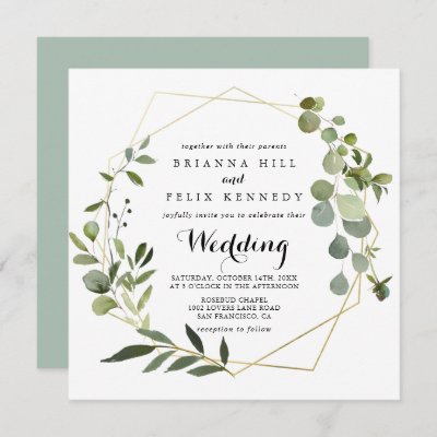 Geometric Gold Tropical Green Front & Back Wedding Invitation