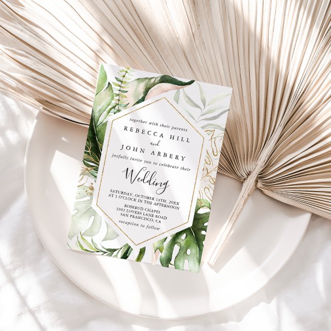 Geometric Gold Tropical Green Front & Back Wedding Invitation (Creator Uploaded)