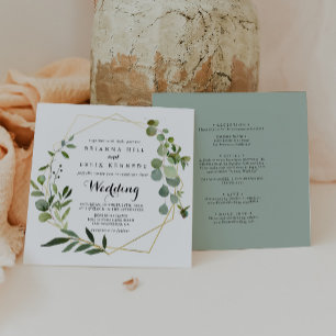 Geometric Gold Tropical Green Front & Back Wedding Invitation