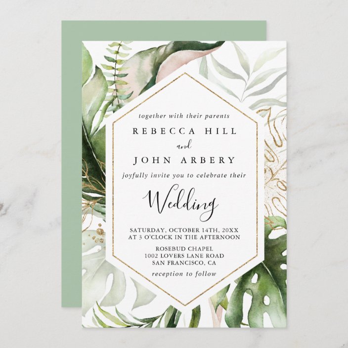 Geometric Gold Tropical Green Front & Back Wedding Invitation | Zazzle.com