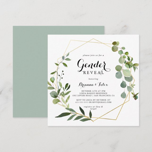 Geometric Gold Tropical Green Gender Reveal Party Invitation (Front/Back)