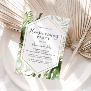 Geometric Gold Tropical Green Housewarming Party Invitation