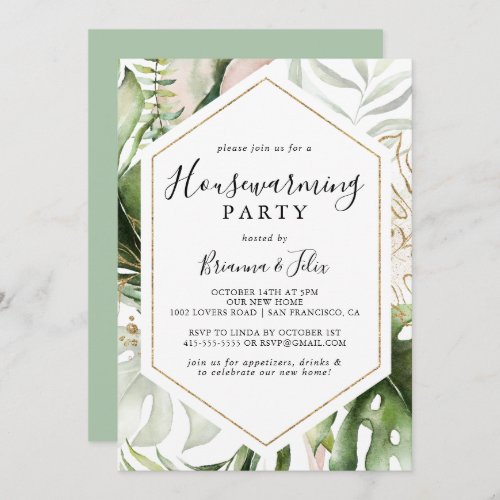 Geometric Gold Tropical Green Housewarming Party Invitation