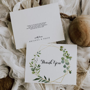 Geometric Gold Tropical Green Leaves Flat Wedding Thank You Card