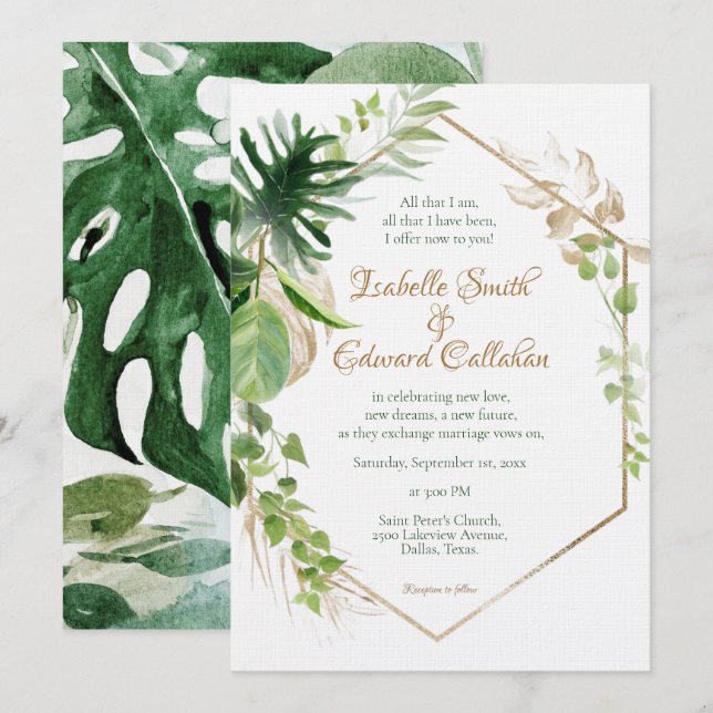 Geometric Gold Tropical Green Palm Leaves Wedding Invitation (Front/Back)