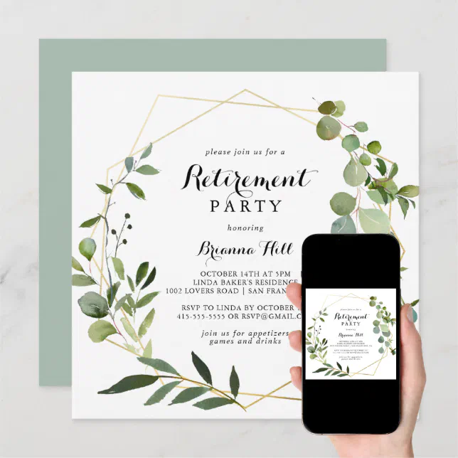 Geometric Gold Tropical Green Retirement Party Invitation | Zazzle