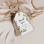 Geometric Gold Tropical Green Wedding Thank You Gift Tags<br><div class="desc">These geometric gold tropical green wedding thank you favor tags are perfect for a simple wedding reception. The design features hand-painted beautiful green leaves, adorning a gold geometric frame. Personalize these tags with a short message, your names, and your wedding date. You can change the wording on these tags to...</div>