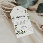 Geometric Gold Tropical Green Wedding Welcome Gift Tags<br><div class="desc">These geometric gold tropical green wedding welcome gift tags are perfect for a simple wedding. The design features hand-painted beautiful green leaves,  adorning a gold geometric frame.

These tags are perfect for hotel guest welcome bags and destination weddings.</div>