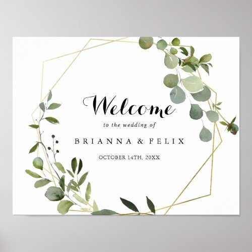 Geometric Gold Tropical Green Wedding Welcome Sign
