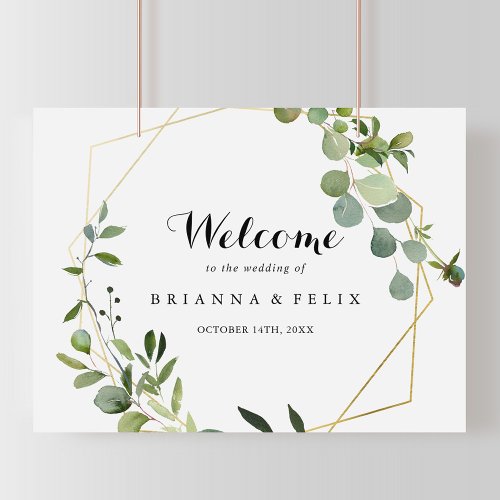 Geometric Gold Tropical Green Wedding Welcome Sign