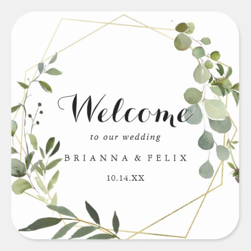 Geometric Gold Tropical Green Wedding Welcome Square Sticker