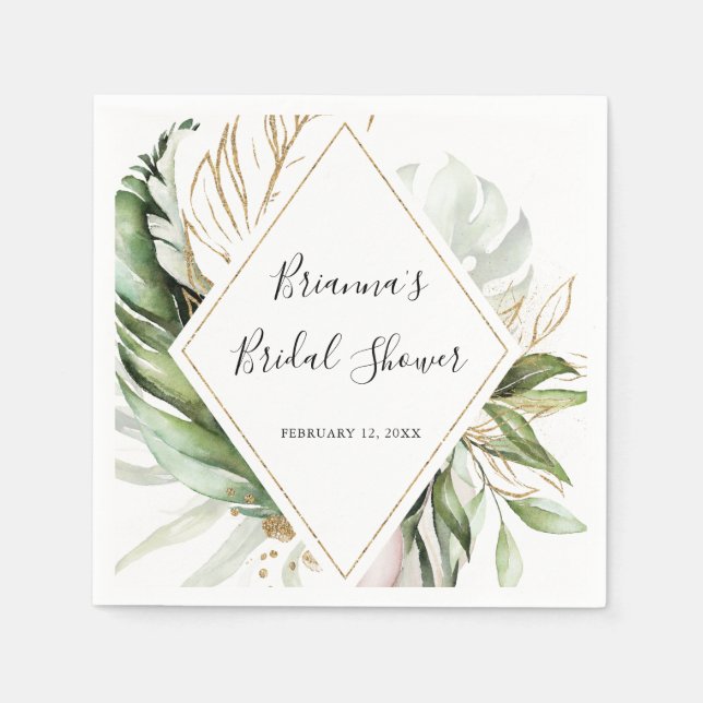 Geometric Gold Tropical Greenery Bridal Shower Napkins (Front)