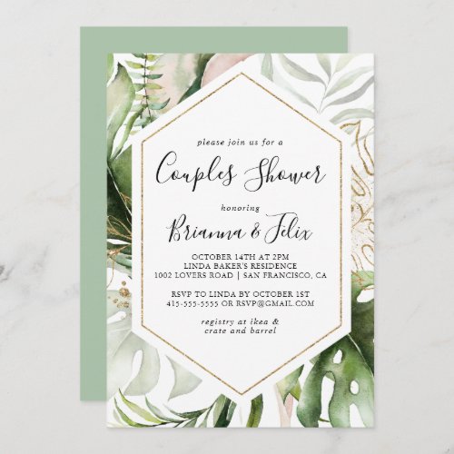 Geometric Gold Tropical Greenery Couples Shower Invitation