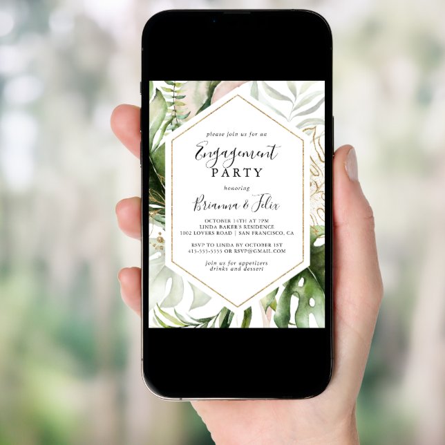 Geometric Gold Tropical Greenery Engagement Party Invitation (Front Digital)