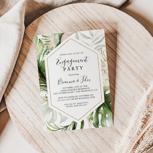 Geometric Gold Tropical Greenery Engagement Party Invitation